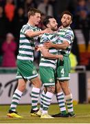 15 May 2023; Richie Towell of Shamrock Rovers celebrates after scoring his side's second goal with team-mates Daniel Cleary, left, and Roberto Lopes, right, during the SSE Airtricity Men's Premier Division match between Shamrock Rovers and St Patrick's Athletic at Tallaght Stadium in Dublin. Photo by Stephen McCarthy/Sportsfile