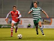 15 May 2023; Daniel Cleary of Shamrock Rovers in action against Anto Breslin of St Patrick's Athletic during the SSE Airtricity Men's Premier Division match between Shamrock Rovers and St Patrick's Athletic at Tallaght Stadium in Dublin. Photo by Tyler Miller/Sportsfile