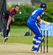 16 May 2023; Tom Mayes of Northern Knights bowls a delivery to Tim Tector of Leinster Lightning during the CI Inter-Provincial Series 2023 match between Leinster Lightning and Northern Knights at Pembroke Cricket Club in Dublin. Photo by Brendan Moran/Sportsfile