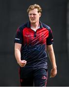 16 May 2023; Matthew Foster of Northern Knights celebrates taking the wicket of Adam Rosslee of Leinster Lightning during the CI Inter-Provincial Series 2023 match between Leinster Lightning and Northern Knights at Pembroke Cricket Club in Dublin. Photo by Brendan Moran/Sportsfile