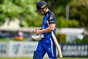 16 May 2023; Adam Rosslee of Leinster Lightning leaves the crease after losing his wicket during the CI Inter-Provincial Series 2023 match between Leinster Lightning and Northern Knights at Pembroke Cricket Club in Dublin. Photo by Brendan Moran/Sportsfile