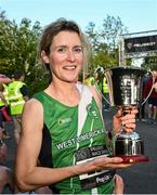 16 May 2023; Ide Nic Dhomhnaill of West Limerick AC, Limerick, after winning the women's event in the Bob Heffernan & Mary Hanley 5k Road Race 2023, Round 3 of the Peugeot Race Series, in Enfield, Meath. Photo by Ramsey Cardy/Sportsfile