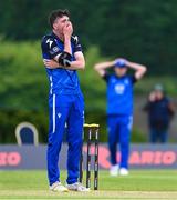 18 May 2023; Reuben Wilson of Leinster Lightning reacts after narrowly missing the wicket during the Rario Inter-Provincial Cup match between Leinster Lightning and Munster Reds at Pembroke Cricket Club in Dublin. Photo by Tyler Miller/Sportsfile