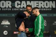 18 May 2023; Paddy Donovan, left, and Sam O'Maison with promoter Eddie Hearn during a media conference, held at Dublin Castle, ahead of their welterweight bout, on May 20th at 3Arena in Dublin. Photo by Stephen McCarthy/Sportsfile