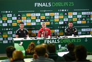 19 May 2023; Brice Dulin, head coach Ronan O'Gara and Grégory Alldritt during the La Rochelle media conference at the Aviva Stadium in Dublin. Photo by Harry Murphy/Sportsfile