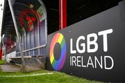 19 May 2023; LGBT Ireland pitchside branding, a part of SSE Airtricity's LGBT Ireland Football takeover initiative, before the SSE Airtricity Men's Premier Division match between Shelbourne and St Patrick's Athletic at Tolka Park in Dublin. Photo by Stephen McCarthy/Sportsfile