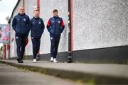 19 May 2023; St Patrick's Athletic players, from left, Tom Grivosti, Mark Doyle and Chris Forrester arrive for the SSE Airtricity Men's Premier Division match between Shelbourne and St Patrick's Athletic at Tolka Park in Dublin. Photo by Stephen McCarthy/Sportsfile