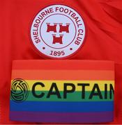 19 May 2023; The captain's armband on a Shelbourne jersey, a part of SSE Airtricity's LGBT Ireland Football takeover initiative, before the SSE Airtricity Men's Premier Division match between Shelbourne and St Patrick's Athletic at Tolka Park in Dublin. Photo by Stephen McCarthy/Sportsfile