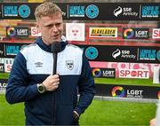 19 May 2023; Shelbourne manager Damien Duff is interviewed before the SSE Airtricity Men's Premier Division match between Shelbourne and St Patrick's Athletic at Tolka Park in Dublin. Photo by Stephen McCarthy/Sportsfile