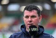 19 May 2023; Drogheda United manager Kevin Doherty speaking to LOITV before the SSE Airtricity Men's Premier Division match between Shamrock Rovers and Drogheda United at Tallaght Stadium in Dublin. Photo by Piaras Ó Mídheach/Sportsfile