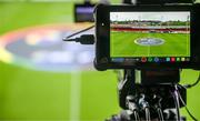 19 May 2023; A brodcast camera's monitor displays a centre circle display, a part of SSE Airtricity's LGBT Ireland Football takeover initiative, before the SSE Airtricity Men's Premier Division match between Shelbourne and St Patrick's Athletic at Tolka Park in Dublin. Photo by Stephen McCarthy/Sportsfile