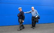 20 May 2023; Clare supporters Tadhg Murphy, from Cooraclare, and his Mayo friend Joe Hester, from Ballyhaunis, make their way to the GAA Football All-Ireland Senior Championship Round 1 match between Clare and Donegal at Cusack Park in Ennis, Clare. Photo by Ray McManus/Sportsfile