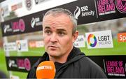 20 May 2023; Athlone Town manager Tommy Hewit is interviewed before the SSE Airtricity Women's Premier Division match between Bohemians and Athlone Town at Dalymount Park in Dublin. Photo by Seb Daly/Sportsfile