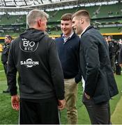 20 May 2023; La Rochelle head coach Ronan O'Gara, left, with Dan and Tony Foley, sons of the late Munster coach and player Anthony Foley, after the Heineken Champions Cup Final match between Leinster and La Rochelle at Aviva Stadium in Dublin. Photo by Brendan Moran/Sportsfile