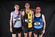 21 May 2023; The first three men's finishers, from left, second placed Killian Mooney  of Dundrum South Dublin AC, first placed Eoin Everard of Kilkenny City Harriers AC and third placed, David Mansfield of Clonmel AC, Tipperary, during the Ashling Murphy 4 Miler, part of the Peugeot Race Series, in Tullamore, Offaly. Photo by Harry Murphy/Sportsfile