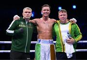 20 May 2023; Paddy Donovan with his father and coach Martin, right, after his welterweight bout with Sam O'Maison at the 3Arena in Dublin. Photo by Stephen McCarthy/Sportsfile