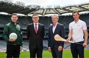 22 May 2023; Ard Stiúrthóir of the GAA Tom Ryan and EirGrid chief executive Mark Foley with Philly McMahon, former Dublin footballer, left, and Michael Walsh, former Waterford hurler, pictured at the EirGrid Timing Sponsorship launch at Croke Park, Dublin. EirGrid, Ireland’s grid operator, is now in its eighth year as the Official Timing Partner of the GAA. Photo by David Fitzgerald/Sportsfile