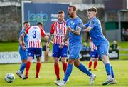 26 May 2023; Ryan Flood of Finn Harps, left, celebrates after scoring his side's first goal during the SSE Airtricity Men's First Division match between Treaty United and Finn Harps at Markets Field in Limerick. Photo by Michael P Ryan/Sportsfile