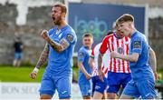26 May 2023; Ryan Flood of Finn Harps, left, celebrates after scoring his side's first goal during the SSE Airtricity Men's First Division match between Treaty United and Finn Harps at Markets Field in Limerick. Photo by Michael P Ryan/Sportsfile