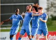 26 May 2023; Ryan Flood of Finn Harps, centre, celebrates after scoring his side's second goal with teammates during the SSE Airtricity Men's First Division match between Treaty United and Finn Harps at Markets Field in Limerick. Photo by Michael P Ryan/Sportsfile