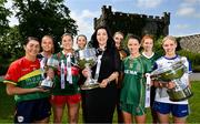 29 May 2023; In attendance at the launch of the 2023 TG4 All-Ireland Ladies Football Championships, at Durrow Castle in Durrow, Laois, are, from left, Ruth Bermingham of Carlow, Claire Dunne of Sligo, Maria Reilly of Mayo, Aimee Mackin of Armagh, Máire Ní Bhraonáin of TG4, Síofra Ní Chonaill of Clare, Niamh O’Sullivan of Meath,  Louise Ní Mhuircheartaigh of Kerry and Amy Hamill of Monaghan with the West County Hotel Cup, the Brendan Martin Cup and the Mary Quinn Memorial Cup. The very first All-Ireland Ladies Senior Football Final, between winners Tipperary and opponents Offaly, was played in Durrow in 1974, while the 2023 decider at Croke Park on Sunday August 13 will mark the LGFA’s 50th All-Ireland Senior Final. The 2023 TG4 All-Ireland Ladies Football Championships get underway on the weekend of June 10/11, with the opening round of Intermediate Fixtures. All games in the 2023 TG4 All-Ireland Championships will be available live to viewers, either on TG4 or via the LGFA’s live-streaming portal: https://bit.ly/3oktfD5 #ProperFan Photo by Brendan Moran/Sportsfile