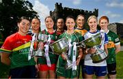 29 May 2023; In attendance at the launch of the 2023 TG4 All-Ireland Ladies Football Championships, at Durrow Castle in Durrow, Laois, are, from left, Ruth Bermingham of Carlow, Claire Dunne of Sligo, Maria Reilly of Mayo, Aimee Mackin of Armagh, Niamh O’Sullivan of Meath, Síofra Ní Chonaill of Clare, Amy Hamill of Monaghan and Louise Ní Mhuircheartaigh of Kerry with the West County Hotel Cup, the Brendan Martin Cup and the Mary Quinn Memorial Cup. The very first All-Ireland Ladies Senior Football Final, between winners Tipperary and opponents Offaly, was played in Durrow in 1974, while the 2023 decider at Croke Park on Sunday August 13 will mark the LGFA’s 50th All-Ireland Senior Final. The 2023 TG4 All-Ireland Ladies Football Championships get underway on the weekend of June 10/11, with the opening round of Intermediate Fixtures. All games in the 2023 TG4 All-Ireland Championships will be available live to viewers, either on TG4 or via the LGFA’s live-streaming portal: https://bit.ly/3oktfD5 #ProperFan Photo by Brendan Moran/Sportsfile