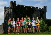 29 May 2023; In attendance at the launch of the 2023 TG4 All-Ireland Ladies Football Championships, at Durrow Castle in Durrow, Laois, are, from left, Ruth Bermingham of Carlow, Claire Dunne of Sligo, Maria Reilly of Mayo, Aimee Mackin of Armagh, Niamh O’Sullivan of Meath, Louise Ní Mhuircheartaigh of Kerry, Amy Hamill of Monaghan and Síofra Ní Chonaill of Clare with the West County Hotel Cup, the Brendan Martin Cup and the Mary Quinn Memorial Cup. The very first All-Ireland Ladies Senior Football Final, between winners Tipperary and opponents Offaly, was played in Durrow in 1974, while the 2023 decider at Croke Park on Sunday August 13 will mark the LGFA’s 50th All-Ireland Senior Final. The 2023 TG4 All-Ireland Ladies Football Championships get underway on the weekend of June 10/11, with the opening round of Intermediate Fixtures. All games in the 2023 TG4 All-Ireland Championships will be available live to viewers, either on TG4 or via the LGFA’s live-streaming portal: https://bit.ly/3oktfD5 #ProperFan Photo by Brendan Moran/Sportsfile