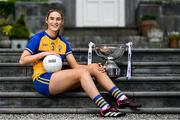 29 May 2023; In attendance at the launch of the 2023 TG4 All-Ireland Ladies Football Championships, at Durrow Castle in Durrow, Laois, is Síofra Ní Chonaill of Clare with the Mary Quinn Memorial Cup. The very first All-Ireland Ladies Senior Football Final, between winners Tipperary and opponents Offaly, was played in Durrow in 1974, while the 2023 decider at Croke Park on Sunday August 13 will mark the LGFA’s 50th All-Ireland Senior Final. The 2023 TG4 All-Ireland Ladies Football Championships get underway on the weekend of June 10/11, with the opening round of Intermediate Fixtures. All games in the 2023 TG4 All-Ireland Championships will be available live to viewers, either on TG4 or via the LGFA’s live-streaming portal: https://bit.ly/3oktfD5 #ProperFan Photo by Brendan Moran/Sportsfile
