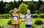 29 May 2023; In attendance at the launch of the 2023 TG4 All-Ireland Ladies Football Championships, at Durrow Castle in Durrow, Laois, are Síofra Ní Chonaill of Clare, left, and Amy Hamill of Monaghan with the Mary Quinn Memorial Cup. The very first All-Ireland Ladies Senior Football Final, between winners Tipperary and opponents Offaly, was played in Durrow in 1974, while the 2023 decider at Croke Park on Sunday August 13 will mark the LGFA’s 50th All-Ireland Senior Final. The 2023 TG4 All-Ireland Ladies Football Championships get underway on the weekend of June 10/11, with the opening round of Intermediate Fixtures. All games in the 2023 TG4 All-Ireland Championships will be available live to viewers, either on TG4 or via the LGFA’s live-streaming portal: https://bit.ly/3oktfD5 #ProperFan Photo by Brendan Moran/Sportsfile