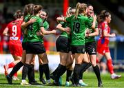 27 May 2023; Sadhbh Doyle of Peamount United, hidden, celebrates with teammates after scoring her side's first goal during the SSE Airtricity Women's Premier Division match between Shelbourne and Peamount United at Tolka Park in Dublin. Photo by Tyler Miller/Sportsfile