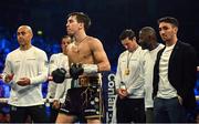 27 May 2023; Michael Conlan, with his trainer Adam Booth, left, and promoter Jamie Conlan, before his IBF Featherweight World Title bout against Luis Alberto Lopez at the SSE Arena in Belfast. Photo by Ramsey Cardy/Sportsfile