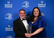 28 May 2023; Rachael O'Brien is presented the Nissan Ireland Contribution to Leinster Rugby award by Seamus Morgan of Nissan Ireland at the Leinster Rugby Awards Ball, which took place at the Clayton Hotel Burlington Road in Dublin, was a celebration of the 2022/23 Leinster Rugby season. Photo by Ramsey Cardy/Sportsfile