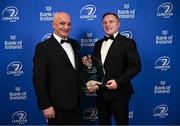 28 May 2023; Conall Fitzgerald of Mullingar RFC is presented the DigitalWell Junior Club of the Year award by Ross Murray of DigitalWell at the Leinster Rugby Awards Ball, which took place at the Clayton Hotel Burlington Road in Dublin, was a celebration of the 2022/23 Leinster Rugby season. Photo by Ramsey Cardy/Sportsfile