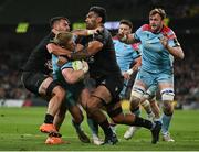 19 May 2023; Kyle Steyn of Glasgow Warriors is tackled by Baptiste Serin, left, and Brian Alainu’uese of RC Toulon during the EPCR Challenge Cup Final match between Glasgow Warriors and RC Toulon at Aviva Stadium in Dublin. Photo by Brendan Moran/Sportsfile