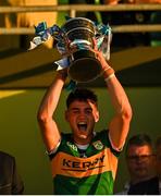 2 June 2023; Kerry captain Evan Boyle lifting the cup after the 2023 Electric Ireland Munster GAA Football Minor Championship Final match between Cork and Kerry at Austin Stack Park in Kerry. Photo by Eóin Noonan/Sportsfile