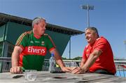 4 June 2023; Mayo supporter Sean Horan, from London, and Louth supporter Billy Jackson, from Ardee, Louth, converse ahead of the GAA Football All-Ireland Senior Championship Round 2 match between Mayo and Louth at Hastings Insurance MacHale Park in Castlebar, Mayo. Photo by Seb Daly/Sportsfile