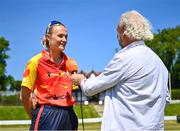 5 June 2023; Gaby Lewis of Scorchers is interviewed by HBV Commentator, Stephen Alkin, after the coin toss before the Evoke Super Series 2023 match between Scorchers and Typhoons at Oak Hill Cricket Club in Kilbride, Wicklow. Photo by Tyler Miller/Sportsfile