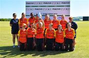 5 June 2023; The Scorchers squad and coaches celebrate with the trophy after their side's victory in the Evoke Super Series 2023 match between Scorchers and Typhoons at Oak Hill Cricket Club in Kilbride, Wicklow. Photo by Tyler Miller/Sportsfile