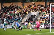 9 June 2023; Kieran Cruise of Shamrock Rovers shoots to score his side's fourth goal past UCD goalkeeper Kian Moore during the SSE Airtricity Men's Premier Division match between Shamrock Rovers and UCD at Tallaght Stadium in Dublin. Photo by Harry Murphy/Sportsfile