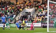 9 June 2023; Kieran Cruise of Shamrock Rovers shoots to score his side's fourth goal past UCD goalkeeper Kian Moore during the SSE Airtricity Men's Premier Division match between Shamrock Rovers and UCD at Tallaght Stadium in Dublin. Photo by Harry Murphy/Sportsfile