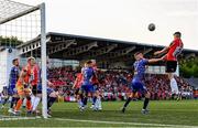 9 June 2023; Ronan Boyce of Derry City in action against Adam McDonnell of Bohemians during the SSE Airtricity Men's Premier Division match between Derry City and Bohemians at The Ryan McBride Brandywell Stadium in Derry. Photo by Seb Daly/Sportsfile