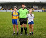 10 June 2023; Referee Aaron Clogher with Clare captain Aibhe Ring, left, and Wicklow captain Danielle Shannon before the 2023 All-Ireland U14 Bronze Final match between Clare and Wicklow at McDonagh Park in Nenagh, Tipperary. Photo by Michael P Ryan/Sportsfile