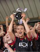 10 June 2023; Down captain Annie McEvoy lifts the cup after the 2023 All-Ireland U14 Silver Final between Down and Monaghan at Clan na Gael GAA Club in Dundalk, Louth. Photo by Stephen Marken/Sportsfile