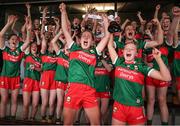 10 June 2023; Mayo captain Siofra McGuiness lifts the trophy after the 2023 All-Ireland U14 Platinum Final match between Cork and Mayo at McDonagh Park in Nenagh, Tipperary. Photo by Michael P Ryan/Sportsfile