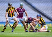 11 June 2023; Daithí Burke of Galway, supported by teammate Fintan Burke, 7, in action against Kilkenny players Walter Walsh, 24, and John Donnelly during the Leinster GAA Hurling Senior Championship Final match between Kilkenny and Galway at Croke Park in Dublin. Photo by Piaras Ó Mídheach/Sportsfile