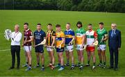 13 June 2023; At the 2023 GAA Hurling All-Ireland Series national launch at the De La Salle GAA club in Waterford are, from left, eir operations manager Trevor Prendergast, Padraic Mannion of Galway, Seán Brennan of Dublin, Richie Reid of Kilkenny, Adam Hogan of Clare, Noel McGrath of Tipperary, Ben Conneely of Offaly, Brian Tracey of Carlow and Cathal O’Neill of Limerick and Uachtarán Chumann Lúthchleas Gael Larry McCarthy. Photo by Brendan Moran/Sportsfile