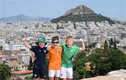 15 June 2023; Republic of Ireland supporters, from left, Luke Daly, age 9, Adam Daly, age 10, and Cian Daly, age 9, from Tullamore, Offaly, ahead of the UEFA EURO 2024 Championship Qualifier match between Greece and Republic of Ireland, on June 16, in Athens, Greece. Photo by Stephen McCarthy/Sportsfile