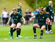 16 June 2023; Harriet Scott, left, and Chloe Mustaki during a Republic of Ireland women open training session at UCD Bowl in Dublin. Photo by Ramsey Cardy/Sportsfile