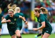 16 June 2023; Erin McLaughlin, left, and Kyra Carusa during a Republic of Ireland women open training session at UCD Bowl in Dublin. Photo by Ramsey Cardy/Sportsfile