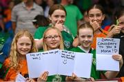 16 June 2023; Supporters with messages for the players during a Republic of Ireland women open training session at UCD Bowl in Dublin. Photo by Ramsey Cardy/Sportsfile